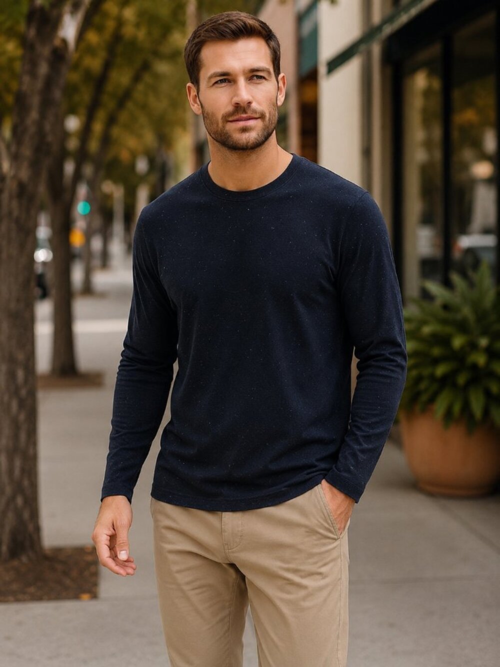 Bombas Men's 100% Pima cotton Navy Blue Crewneck Speckled Long Sleeve Sz L